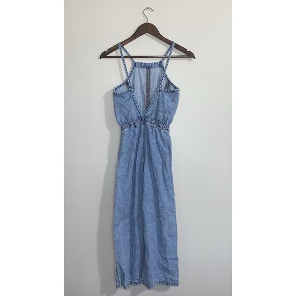 Zara Girls Denim Dungaree Jumpsuit Wide Leg Pockets Open Back Size 9 - Picture 4 of 12